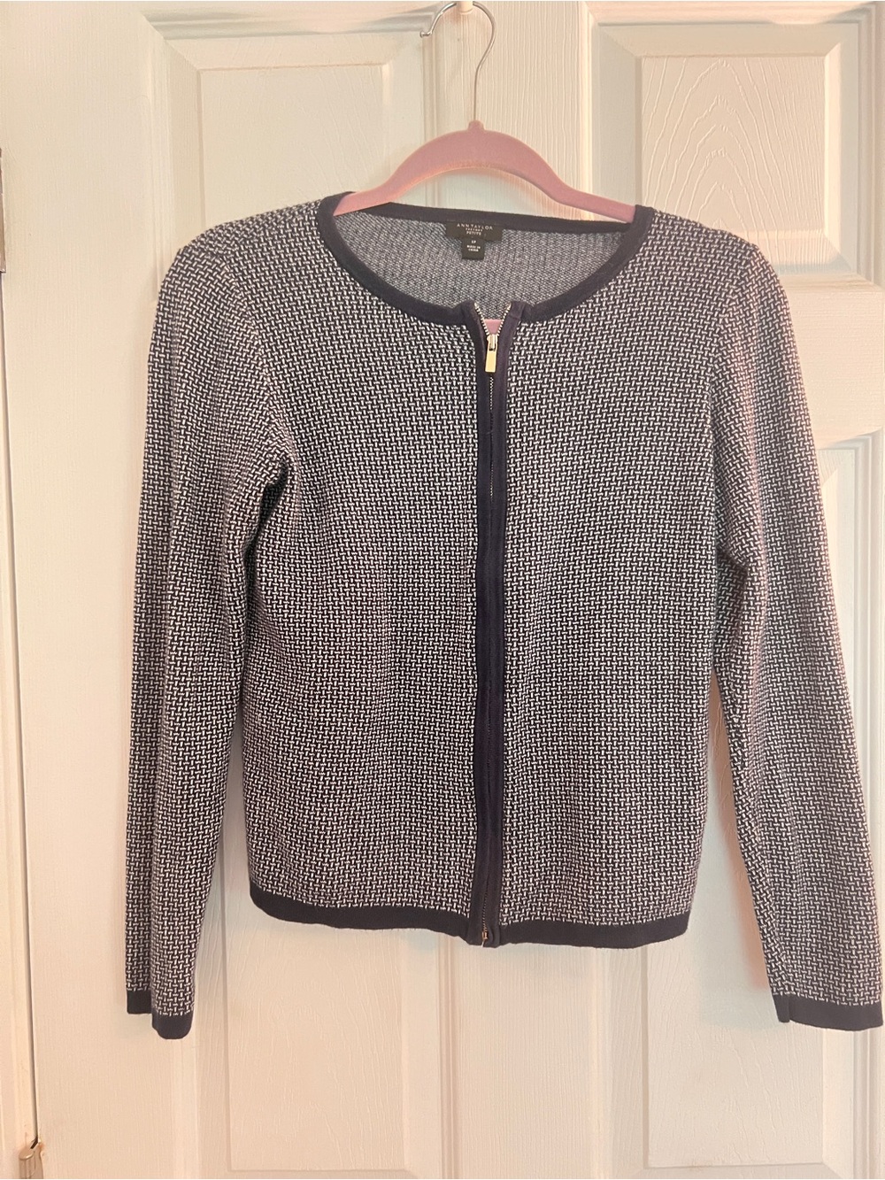 Ann Taylor Petite Navy and White Zip-Front Knit Sweater